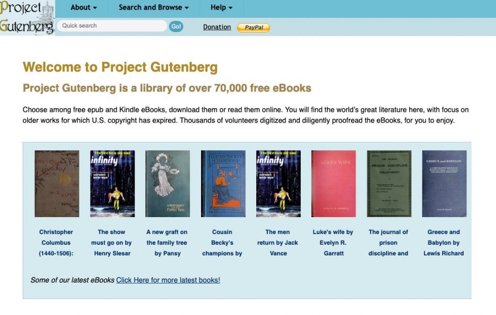 Project Gutenberg homepage