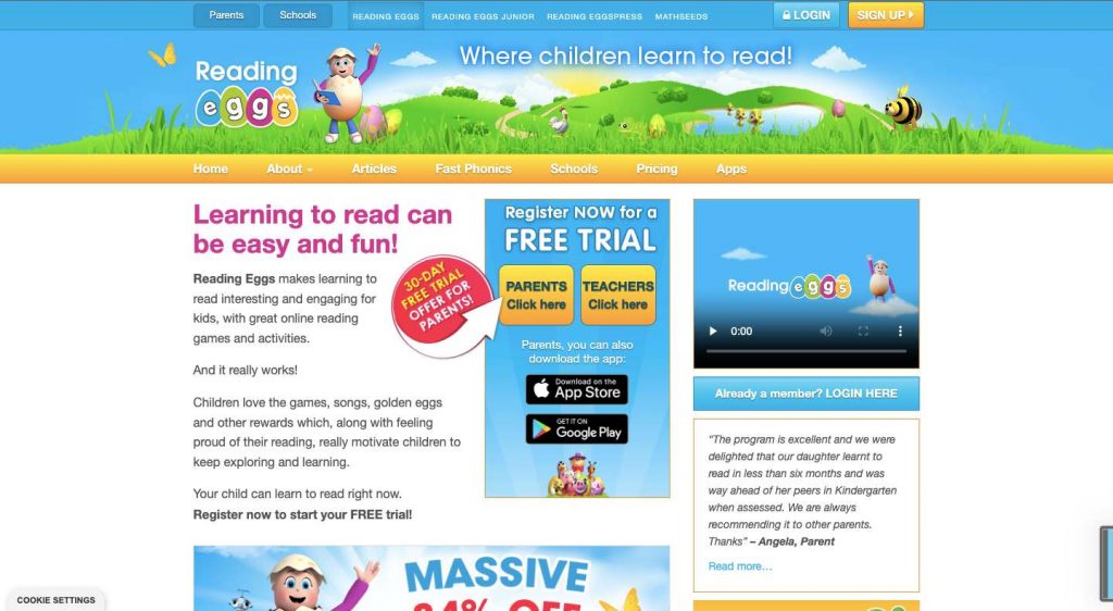 Homepage of Reading Eggs