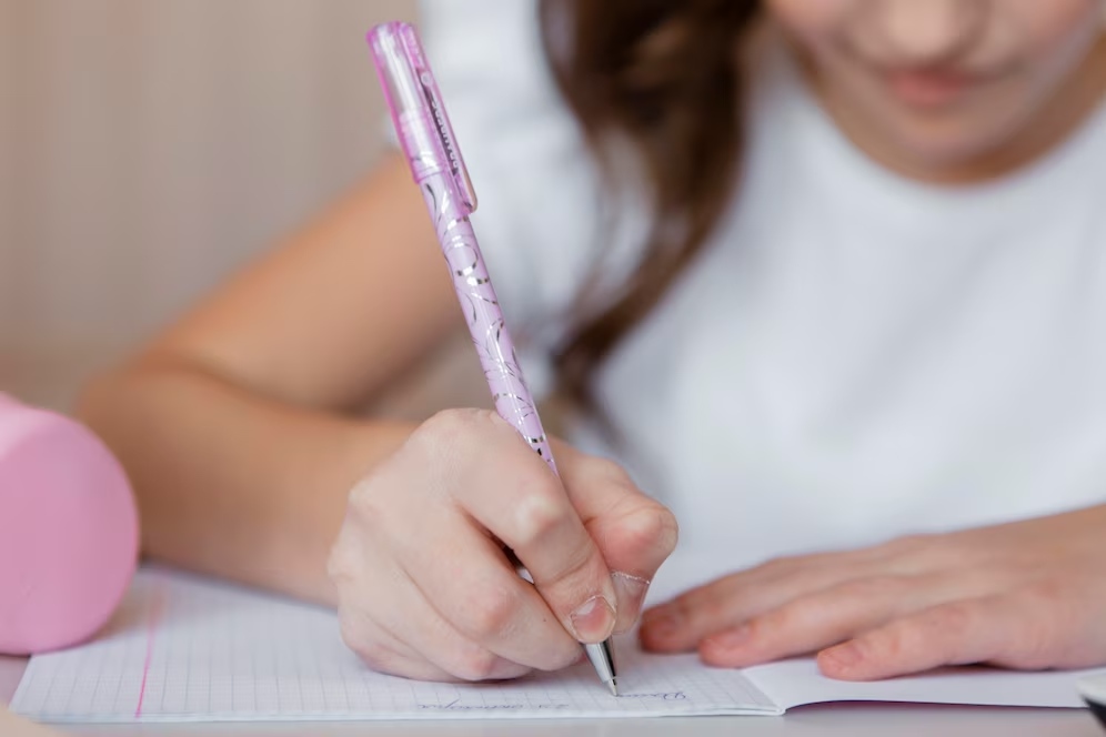 Little girl writing using a pen