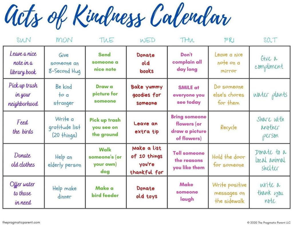 Act of kindness calendar template
