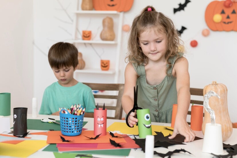 Two kids making halloween DIY halloween crafts