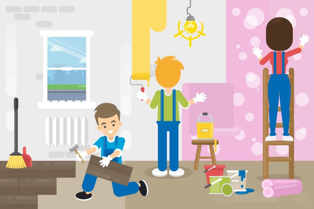 Illustration of family repairing their house
