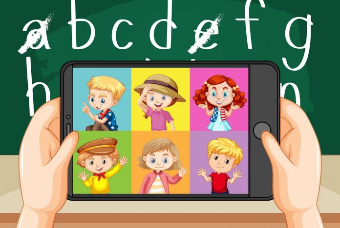 Illustration of kid using an educational app on phone