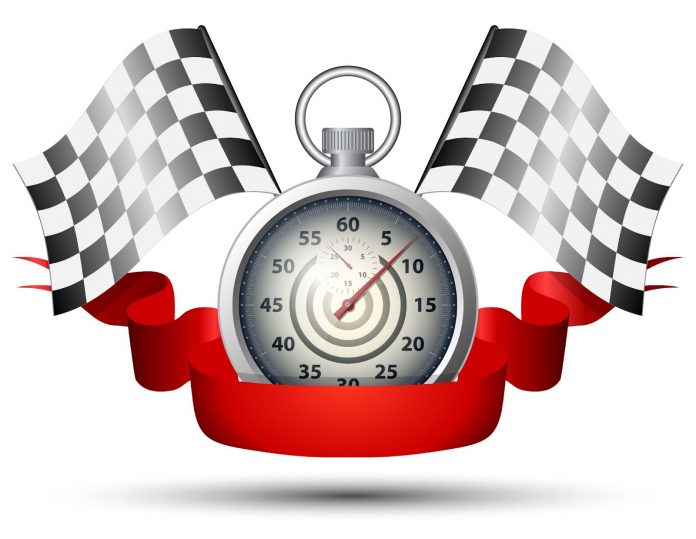 A stopwatch with two flags on the sides