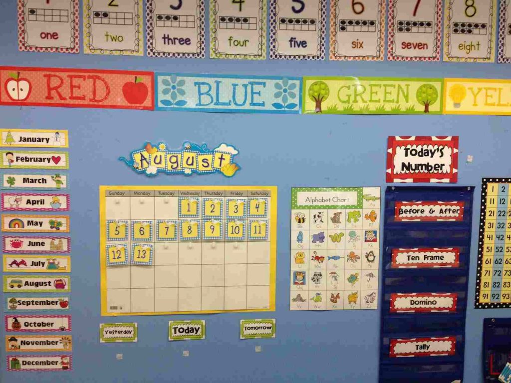 A classroom calendar wall