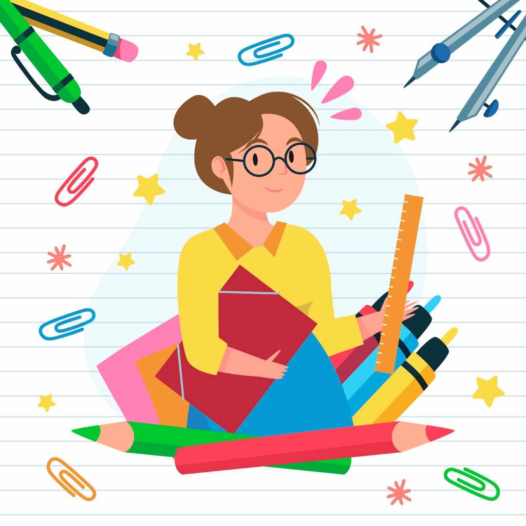 An illustration of a teacher surrounded by craft material and math tools
