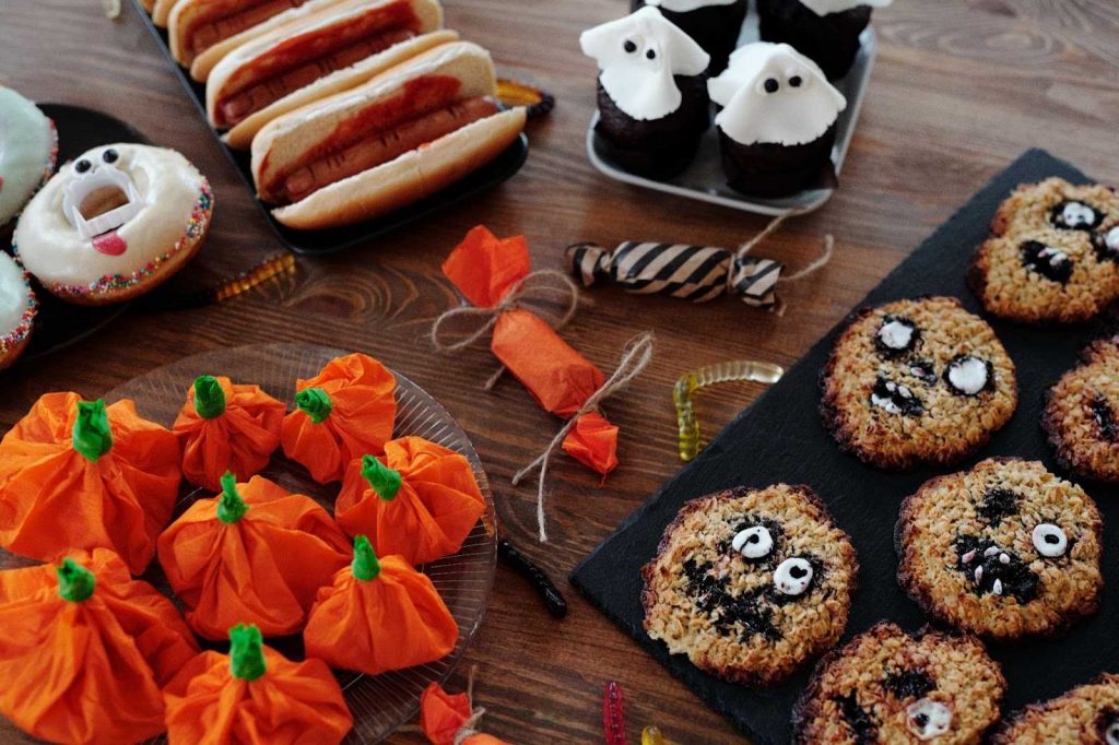 A layout of creepy looking Halloween food items