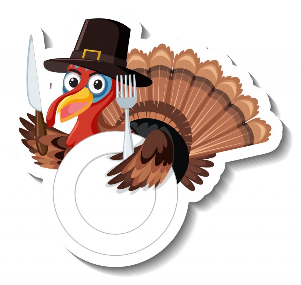 An animated turkey holding a plate a folk and a spoon