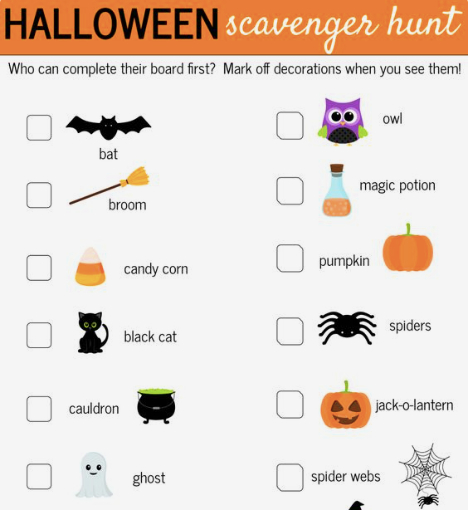 Halloween scavenger hunt board