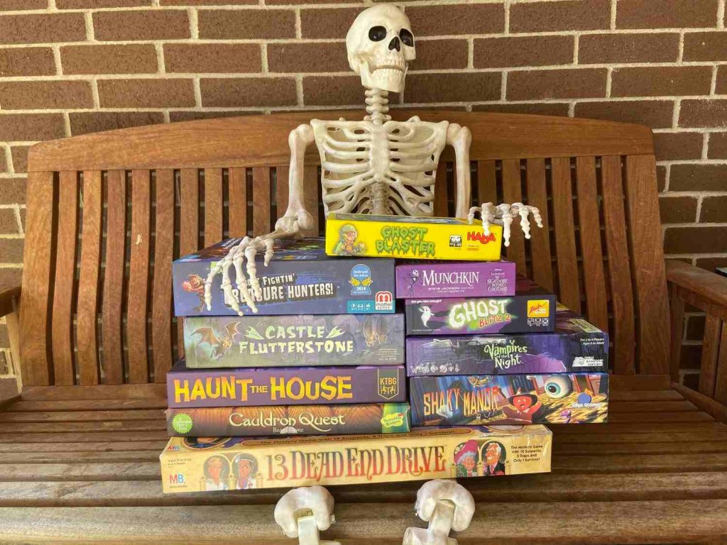 A skeleton with board games