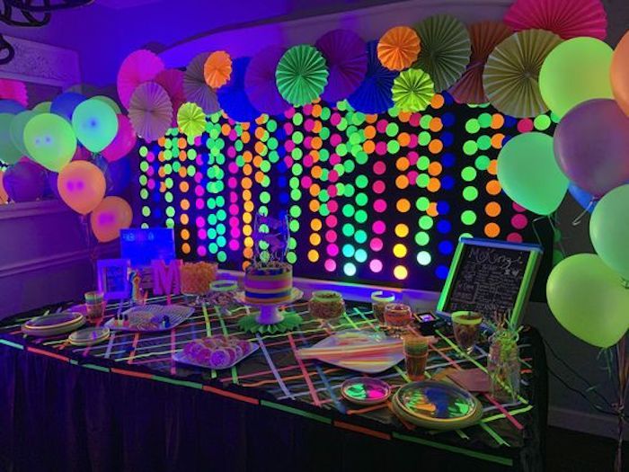 setup of a glow in the dark party