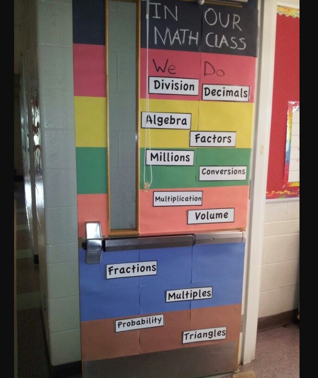 A classroom door decorated in math theme