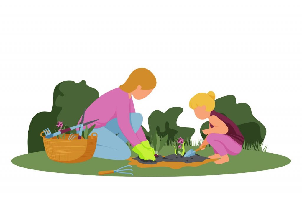 Vector image of mother and daughter gardening