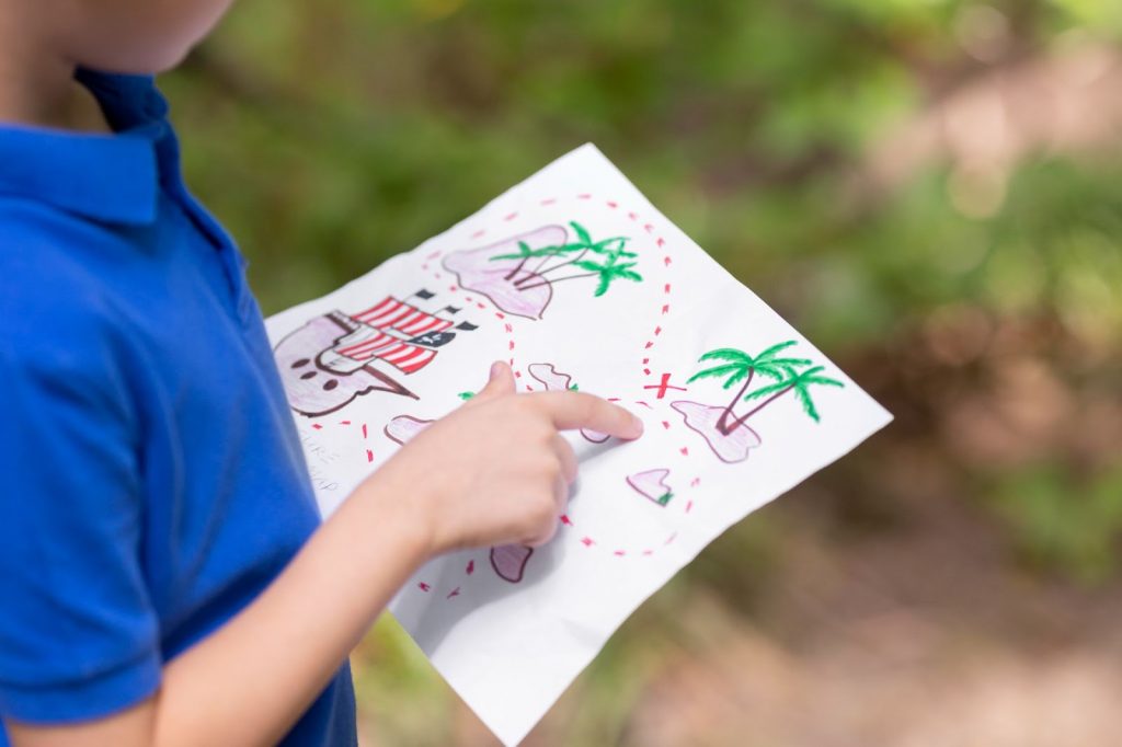 A treasure hunt map in a kids hand