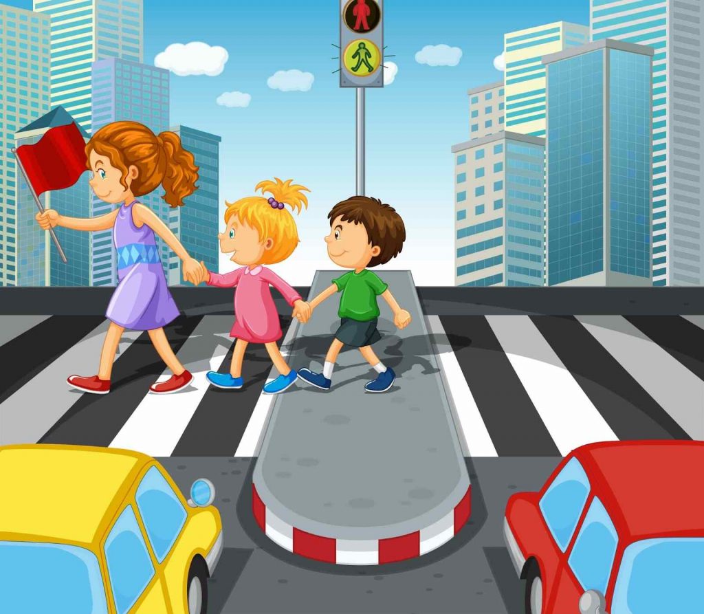 A mother teaching her kids how to cross the road on zebra crossing