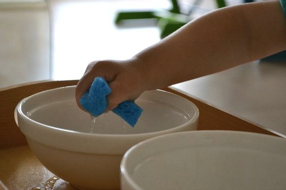 A child squeezing a sponges in a white bowl