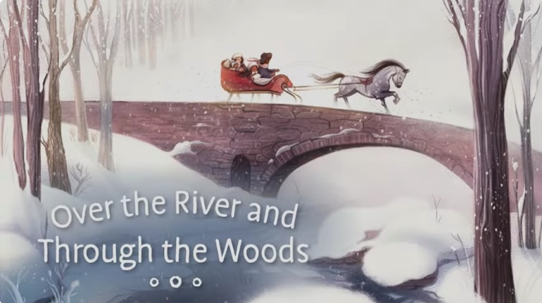 A sledge gliding Over the river and through the wood