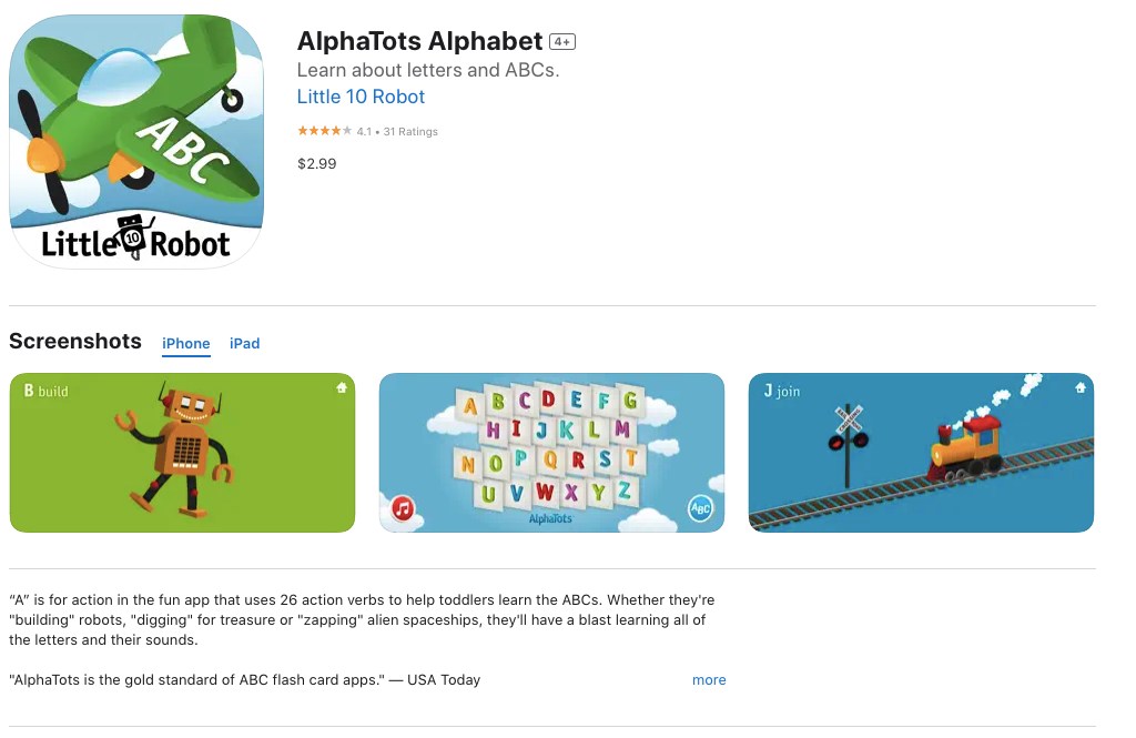 app store page of AlphaTots Alphabet