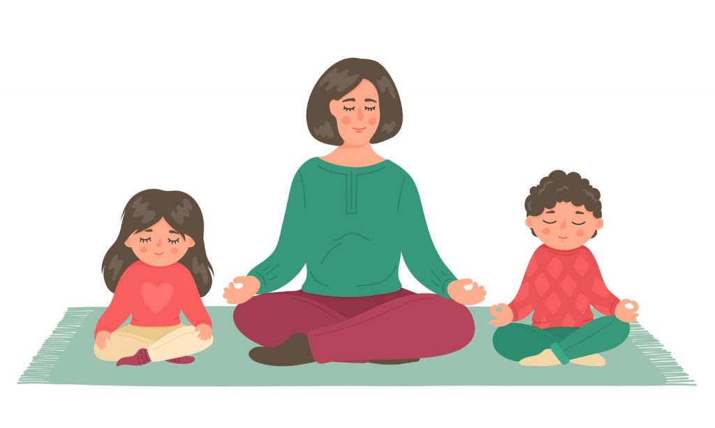 Mother and kids doing breathing exercises