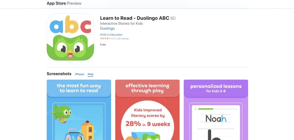 App store page of Duolingo ABC