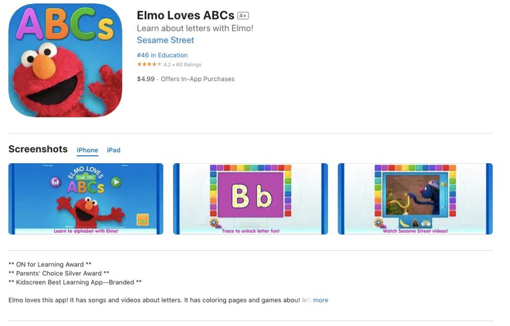 The app store page of Elmo Loves ABCs