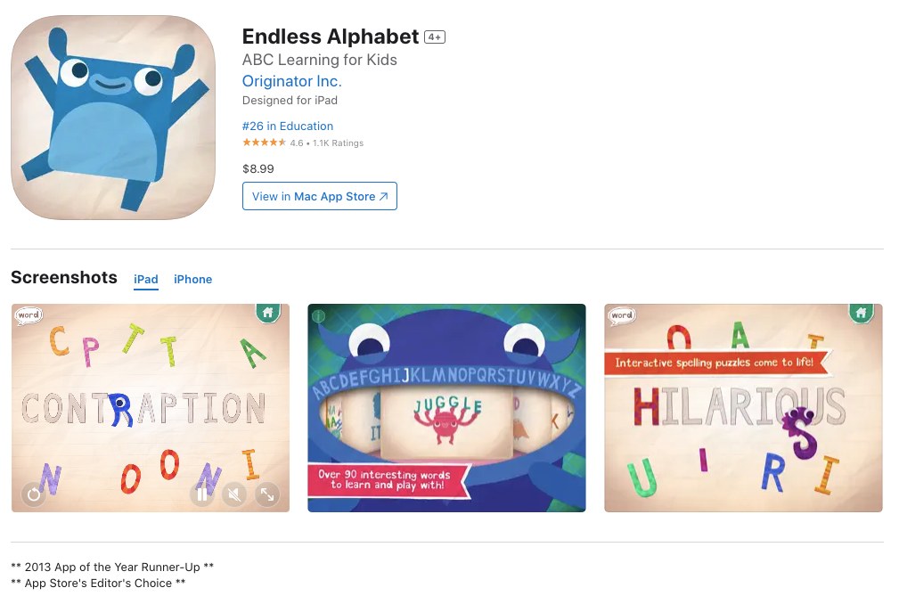 app store page of endless alphabets