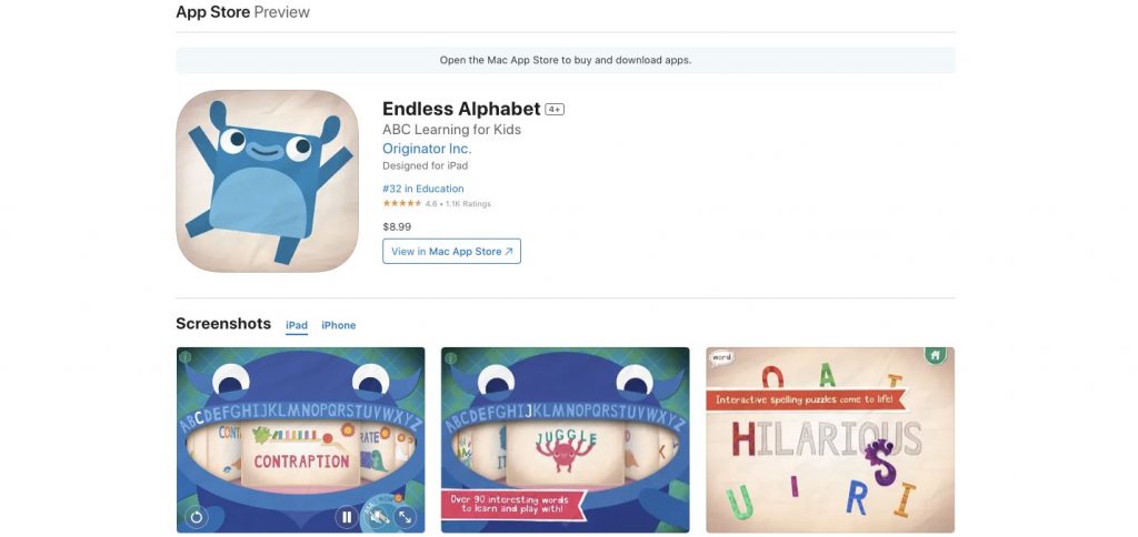Endless Alphabet Ipad app screenshot