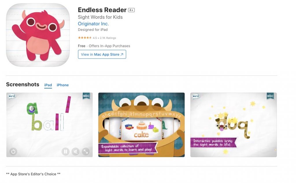 App store page of Endless Reader