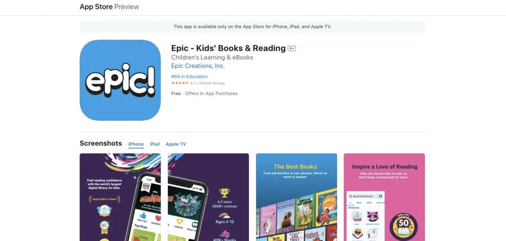 App store page of Epic