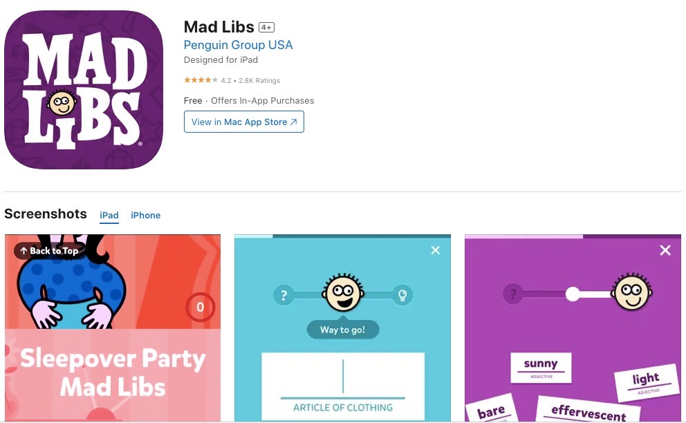 App store page of Mad Libs