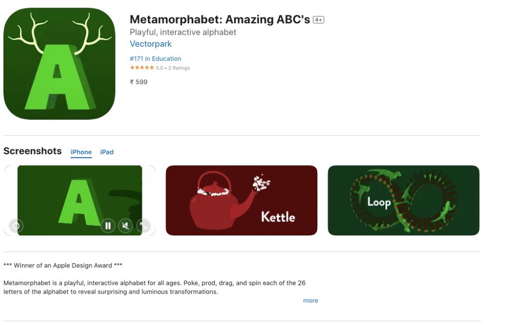 The app store page of Metamorphabet