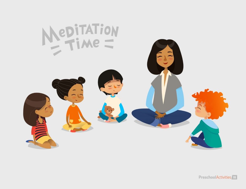 illustration of kids and teacher meditating