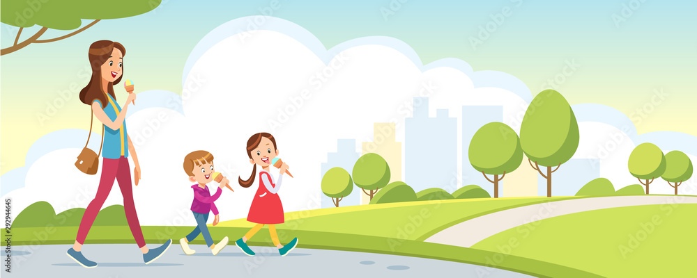 Kids walking in the park with mother
