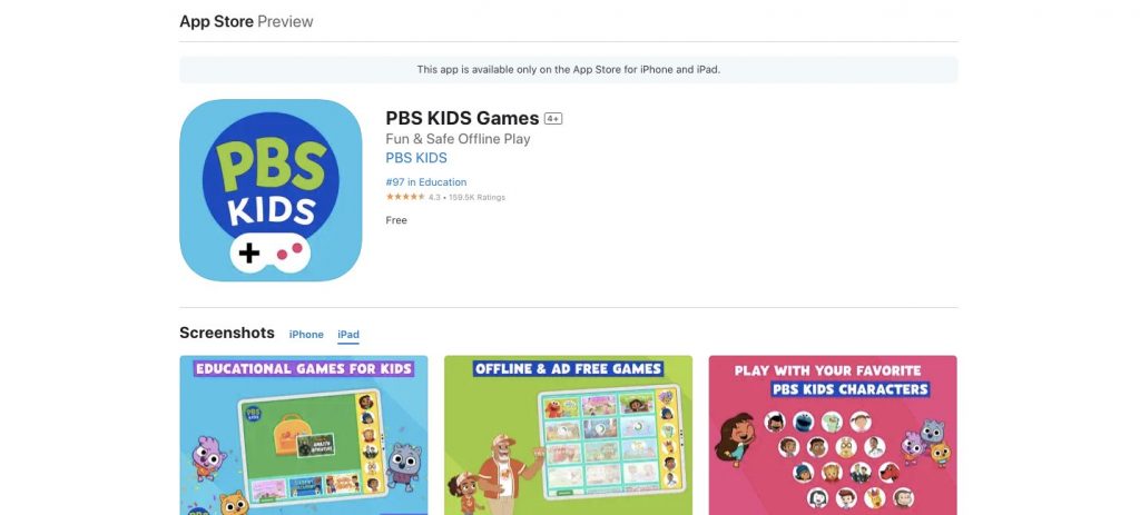 App store page of PBS Kids