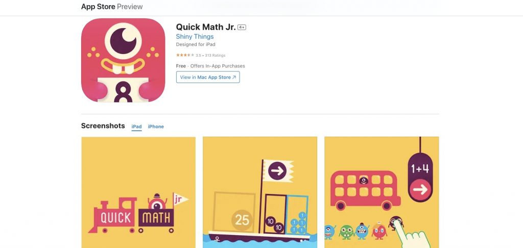 App store page of Quick Math Jr