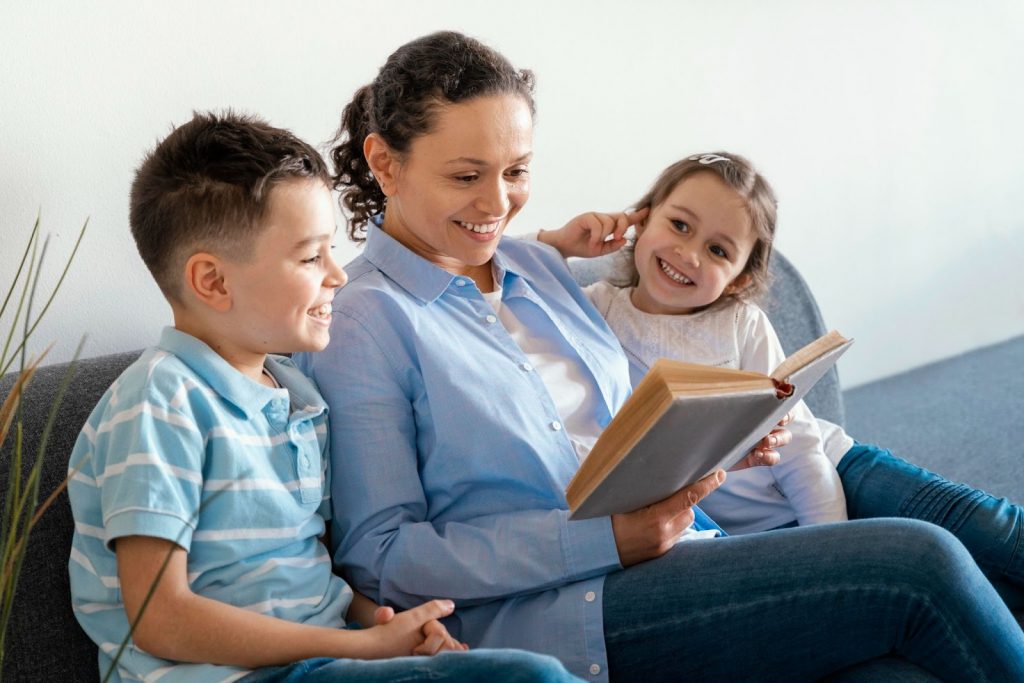 Kids and mother having a read aloud session