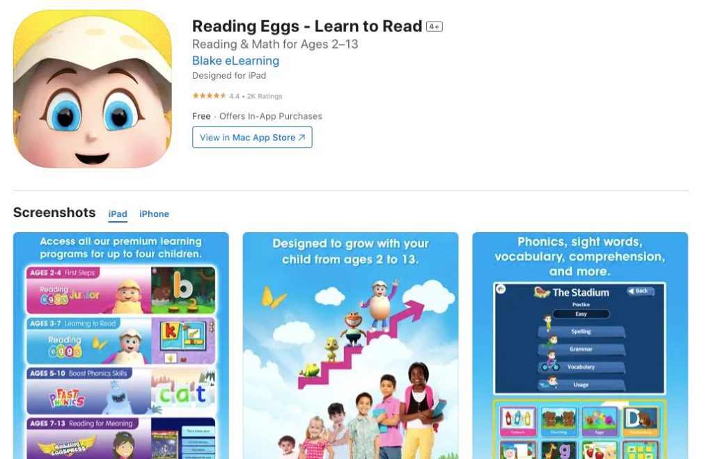 App store page of Reading Eggs