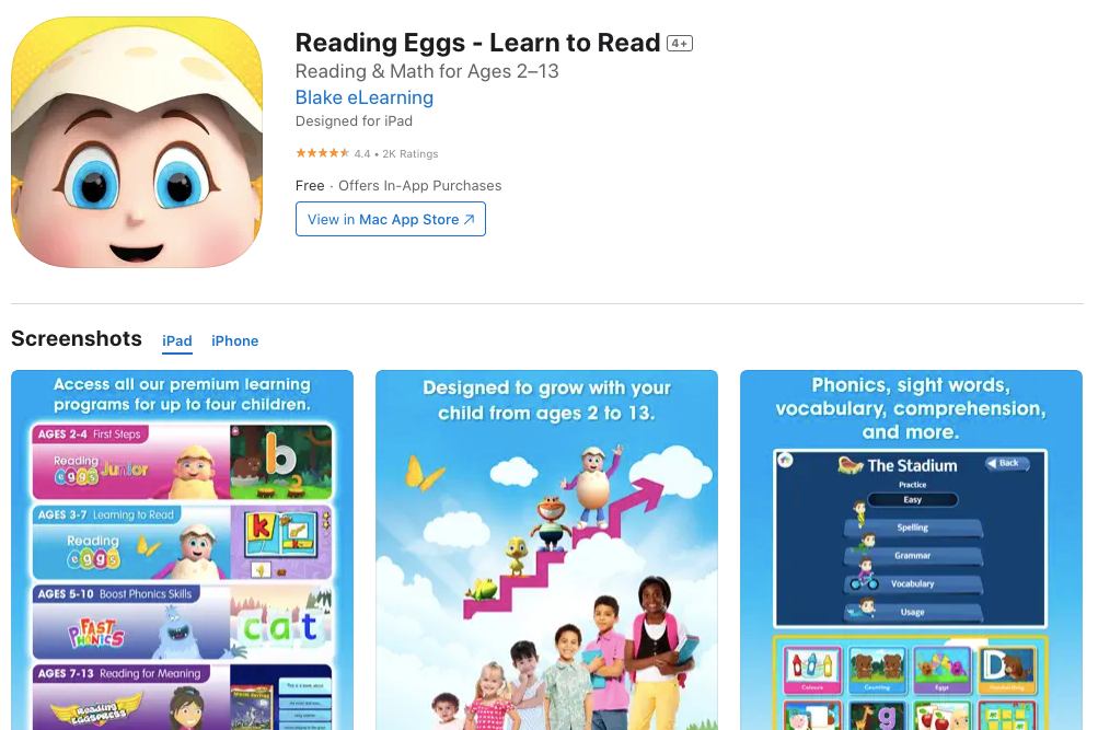 App store page of Reading Eggs