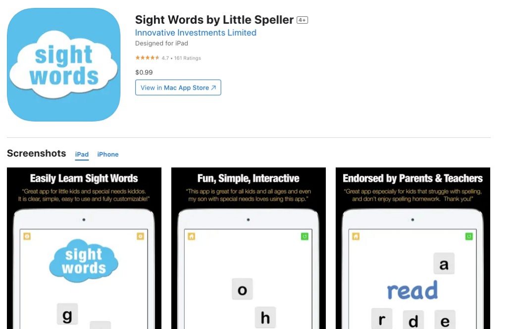 App store page of'Sight Words by Little Speller'