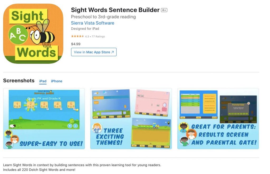 App store page of Sight Words Sentence Builder