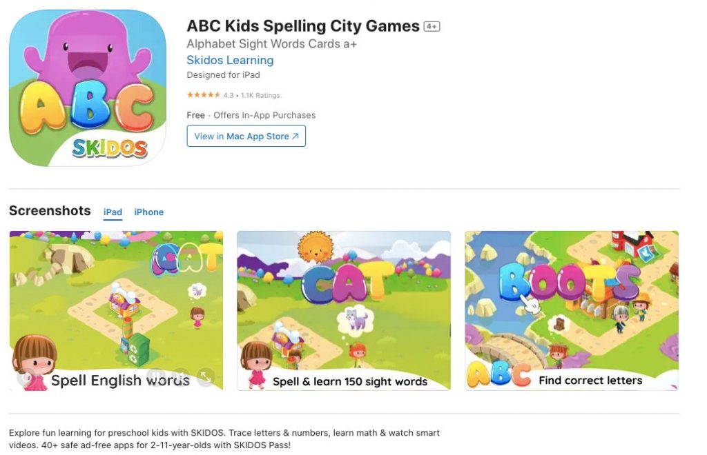 App store page of Spelling City