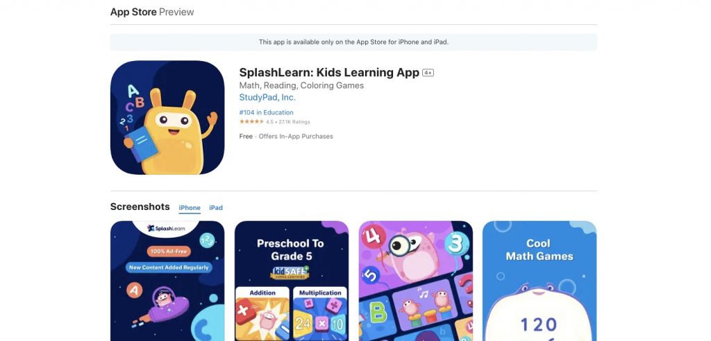 Splashlearn Ipad app screenshot
