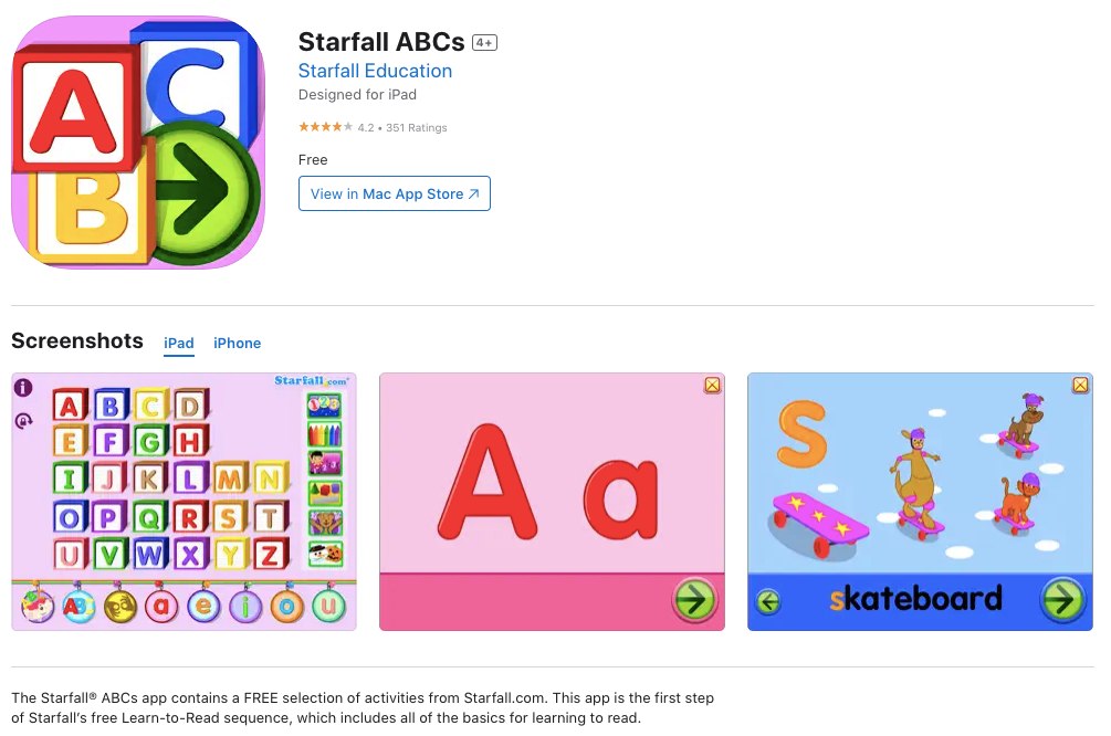 App store page of Starfall ABCs