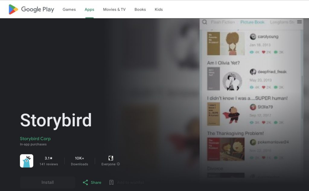 Play store page of Storybird
