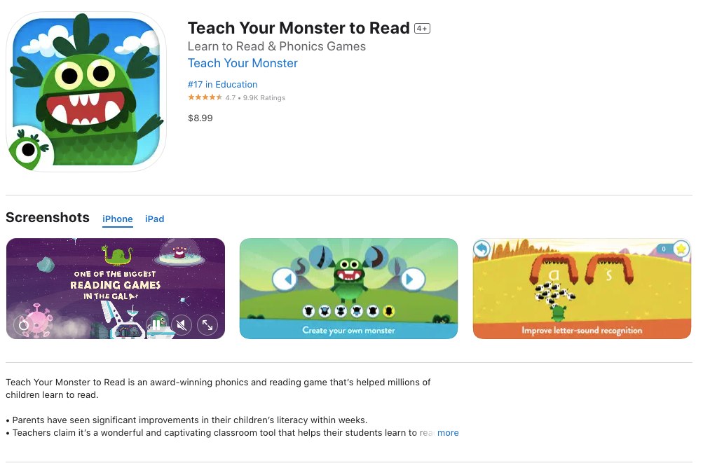 App store page of'Teach Your Monster to Read'