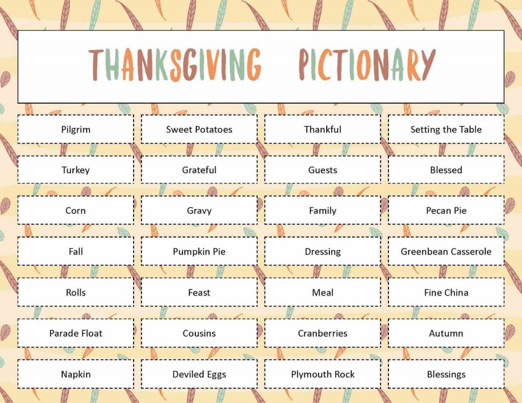 A thanksgiving pictionary words sheet