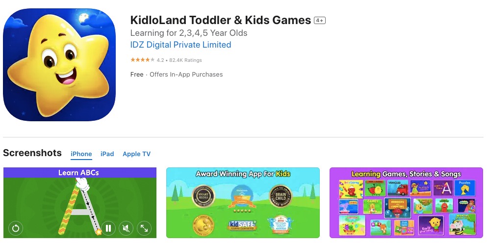 App store page of KidoLand