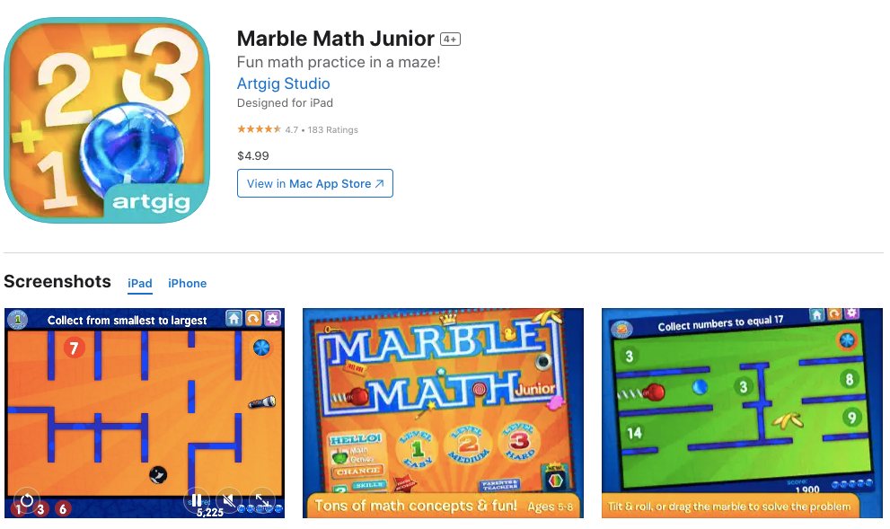 App store page of Marble Math Junior