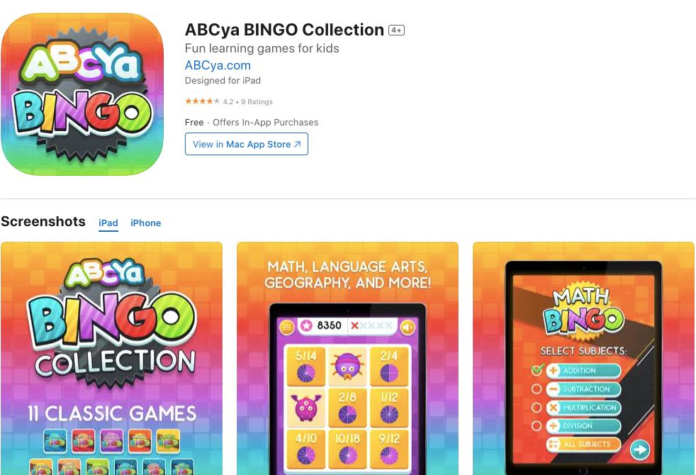 App store page of Math Bingo by ABCya