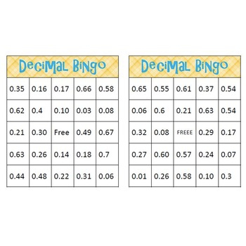 Decimal bingo worksheet